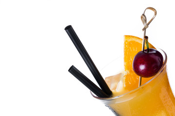 Sex on the beach cocktail in glass on white background. Copyspace