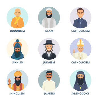 Round avatars set with pictures of religion leaders