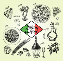 Pizza, chianti wine, mozzarella, spaghetti pasta, oil in a glass jug, parmesan, sabayon. Set of traditional dishes and products of Italian cuisine. Ink hand drawn Vector illustration. Food elements.