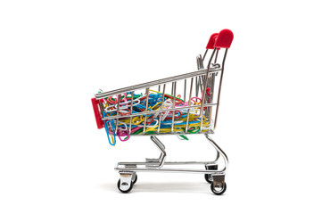 Clip and shopping cart on white background : economy concept