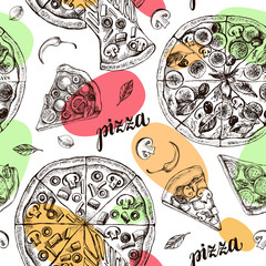 Decorative seamless pattern with round pizza and pieces of pizza. Italian cuisine. Ink hand drawn Vector illustration. Composition of food elements for menu design.