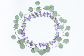 Fototapeta premium Flower round frame with fresh branches of wildflowers and eucalyptus leaves isolated on white background, flat lay and top view