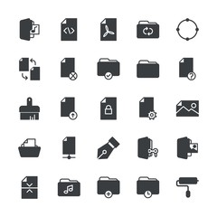 Modern Simple Set of folder, files, design Vector fill Icons. ..Contains such Icons as  point,  design,  update, music,  symbol,  lock and more on white background. Fully Editable. Pixel Perfect.