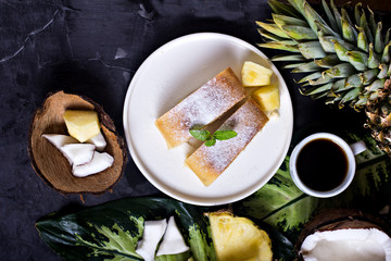 Pie, strudel, cake with cheese and exotic fruits