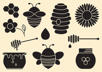 Honey set. Black silhouettes. Vector illustration