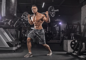 Fototapeta na wymiar Muscular man working out in gym doing exercises with dumbbells