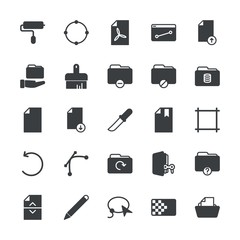 Modern Simple Set of folder, files, design Vector fill Icons. ..Contains such Icons as  brush,  computer,  folder, upload,  icon,  paper and more on white background. Fully Editable. Pixel Perfect.