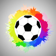 Obraz premium White soccer ball with watercolor rainbow spray. Vector element for feeding sports articles, invitations, banners and your design