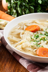 Tasty meat broth with noodles, carror and parsley