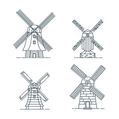 Set of traditional rural windmill in linear style © Sabina Schaaf