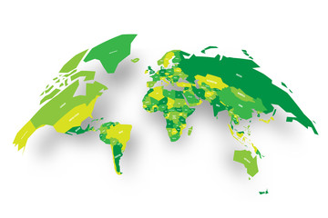 Green political map of World bulging in a shape of globe. 3D vector illustration map with dropped shadow.