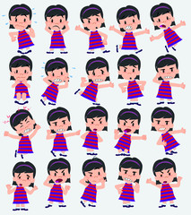 Cartoon character girl. Set with different postures, attitudes and poses, always in negative attitude, doing different activities in vector vector illustrations.