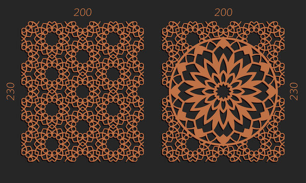 Laser cutting set. Woodcut vector trellis panels. Plywood lasercut floral design. Hexagonal seamless patterns for printing, engraving, paper cut. Stencil lattice ornaments.