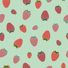 Berry seamless pattern with ripe strawberries on a green background. Vector.