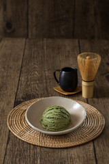 green tea matcha ice cream japanese on tatami decoration style traditional sweet and cold