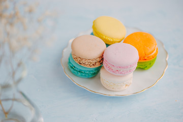 Delicious french dessert. Colorful pastel cake macaron or macaroon