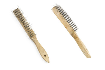 old and rusty wire brush from two sides, isolated on white