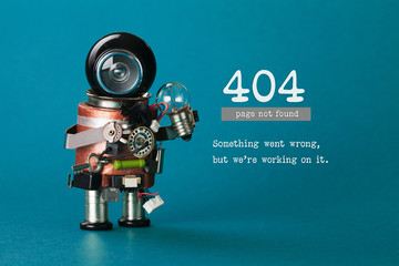 404 error web page not found. Futuristic robotic toy mechanism, black helmet head, light bulb in...