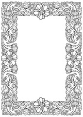 Lotus flowers arranged in intricate rectangular frame. Popular decorative motif in South-Eastern Asia. Tattoo design. Linear drawing isolated on white background. EPS10 vector illustration