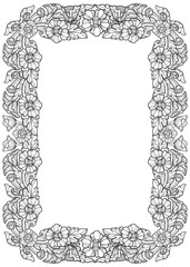 Lotus flowers arranged in intricate rectangular frame. Popular decorative motif in South-Eastern Asia. Tattoo design. Linear drawing isolated on white background. EPS10 vector illustration