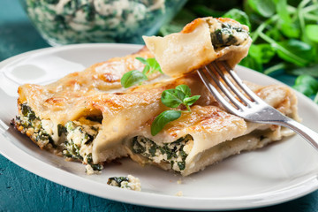 Portion of cannelloni stuffed with spinach