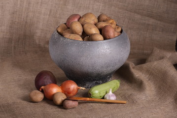 old gray pot filled with potatoes