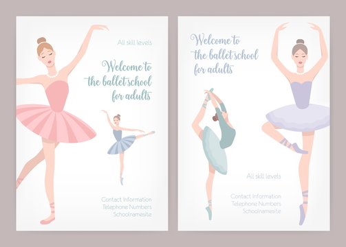 Bundle of poster or flyer templates for ballet school or studio for adults with elegant dancing ballerinas wearing tutu and place for text on white background. Vector illustration for advertisement.