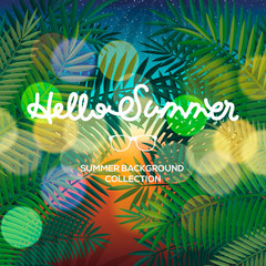 Hello Summer lettering typography on blurred sunset with bokeh lights, vector illustration