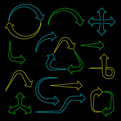 Arrow sign set. Isolated on black background. Vector outline illustration.