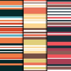 Set of 3 seamless patterns striped design. Retro textile prints with random colored stripes. Vector fashion backgrounds.