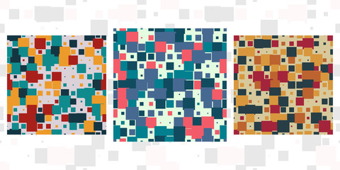 Set of 3 seamless patterns tiled design. Retro textile prints with random colored squares. Vector fashion backgrounds.