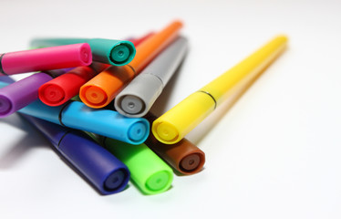 Color pen. Pile with color pens isolated on white background. Color background texture, felt-pen activity. Children school fun time. Students painting time. School supplies. Drawing supplies. No sharp