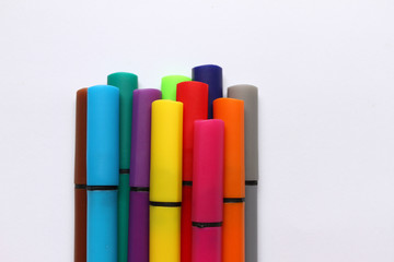 Color pen. Pile with color pens isolated on white background. Color background texture, felt-pen activity. Children school fun time. Students painting time. School supplies. Drawing supplies. No sharp