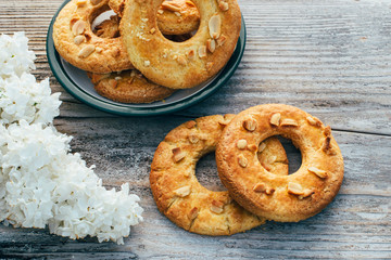 Cookies in the shape of a ring on a wooden background