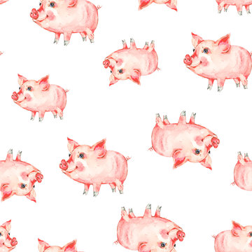 Watercolor seamless pattern with cute piggy.