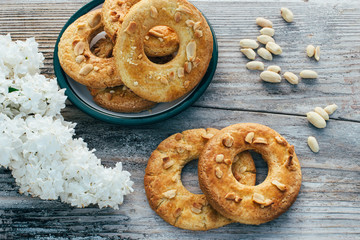 Cookies in the shape of a ring on a wooden background