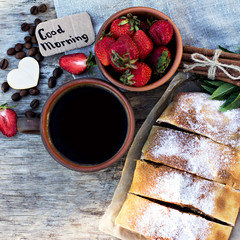 Strudel with apples and strawberries.