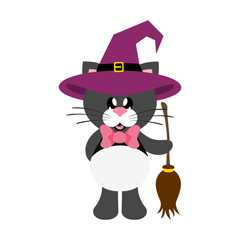 cartoon cute cat black with tie in witch hat with broom