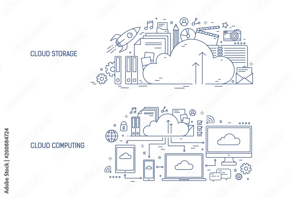 Poster Bundle of horizontal banner templates with electronic devices connected to online data storage and office supplies. Cloud computing technology. Monochrome vector illustration in modern line art style.