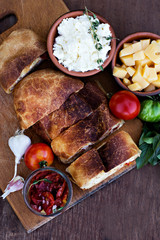 Strudel with cheese and sun-dried tomatoes.