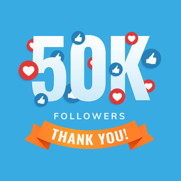 50k followers, social sites post, greeting card vector illustration