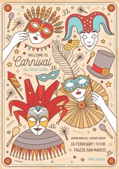 Flyer, poster or invitation template for masquerade ball, Mardi Gras carnival or party with cartoon characters wearing colorful masks and costumes. Vector illustration in modern line art style.