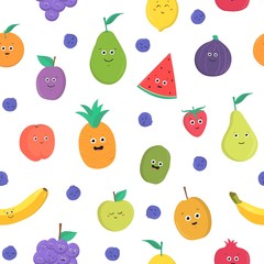 Colorful seamless pattern with funny ripe fresh tropical fruits and berries with happy smiling faces on white background. Flat cartoon vector illustration for fabric print, wrapping paper, wallpaper.