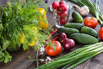 Onions, peppers, dill, tomatoes, cucumbers, radishes, dill, rucola and mushrooms on a wooden dark background