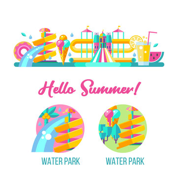 Water park. Hello summer. Vector clipart.