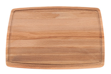 Cutting board of dark wood with rounded rams and blood flow on a white background.