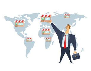 Franchise, trading network, business concept vector illustration. Businessman puts shops on the world map. Scaling of business.