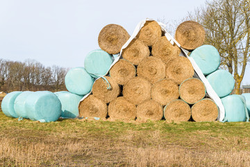Pyramid shaped stack of golden straw bales, with and without plastic cover. © imfotograf