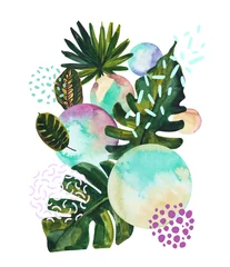 Fotobehang Aquarel tropische bladeren op geometrische achtergrond met water kleur, doodle texturen. © Tanya Syrytsyna