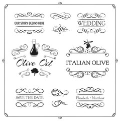 Olive Oil elements and page decoration set. Filigree divider swirl design. Collection of hand drawn vintage ornaments.